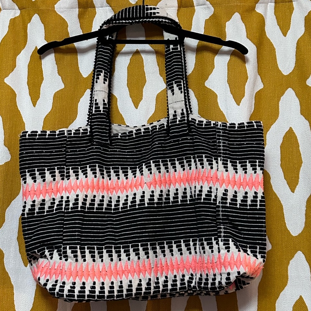 Tote/Beach Bag, folds compact for travel, fun neon pink and black abstract print